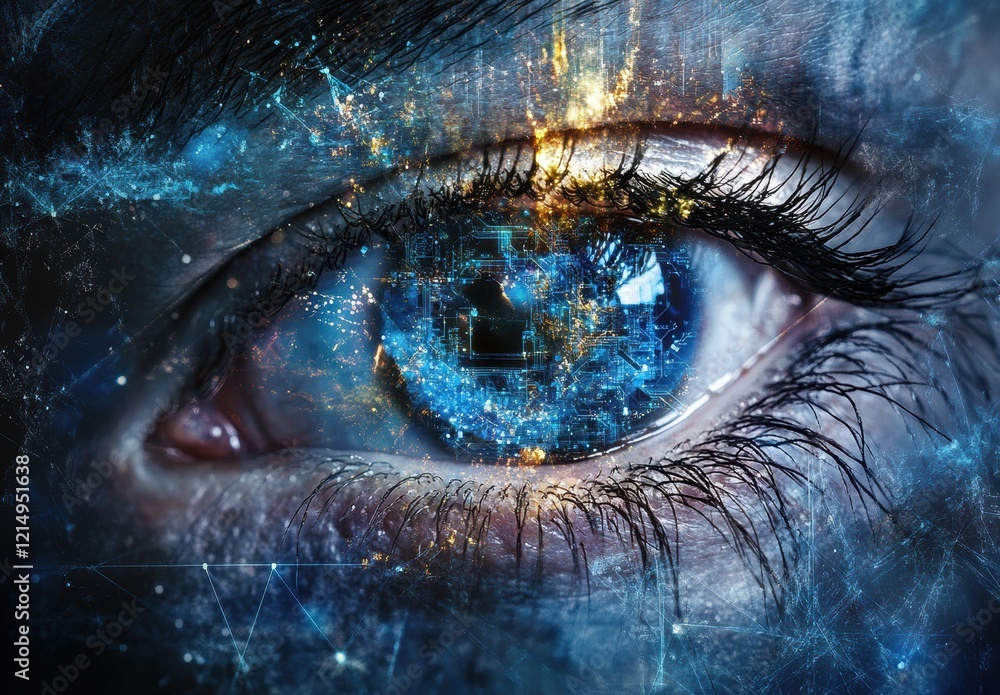 Poster an intricate design blending human features with digital technology, showcasing the eye as a symbol 