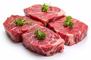Fototapeta premium Fresh Raw Beef Steaks: Macro Photography of Marbled Cuts Isolated on White