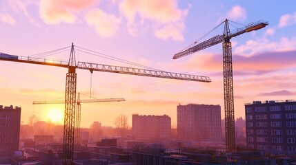 Construction cranes silhouetted against a vibrant sunset, showcasing urban development and progress