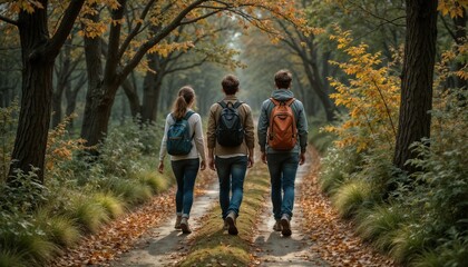 Fototapeta premium Three friends hiking through vibrant autumn forest trail