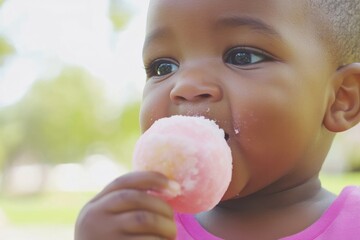 Young child happily savoring a sweet frozen dessert under bright sunshine. Generative AI