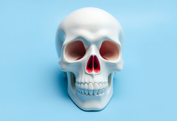 Obraz premium White human skull model on a blue background