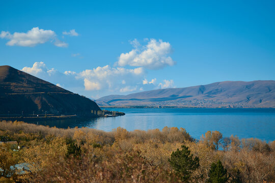 a view of Lake Sevan, Armenia in autumn