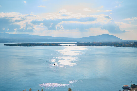 a view of Lake Sevan, Armenia in autumn