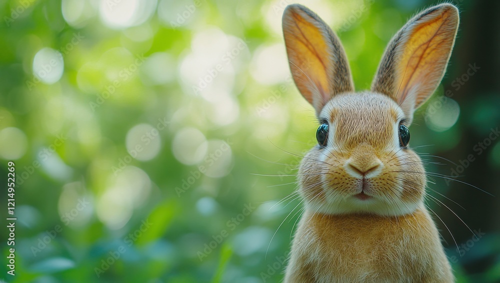 Aufkleber close-up of a curious rabbit surrounded by lush greenery with soft focus bokeh effect, capturing the