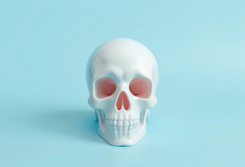 Obraz premium White human skull model on a blue background