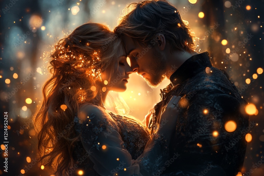 Poster a magical scene of two glowing, ethereal beings embracing in a mystical forest, with fireflies and s