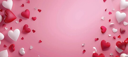 Red hearts and white hearts frame on light pink valentine background