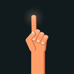 Index one finger raised up. Concept of idea, truth, spirit, energy, passion gesture, hand gesture isolated on dark background. Vector illustration.