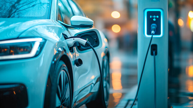 Coche el&eacute;ctrico  cargando en estaci&oacute;n de carga