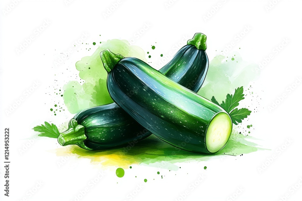 Poster a minimalist illustration of a single zucchini with clean black lines and a soft green gradient, pla
