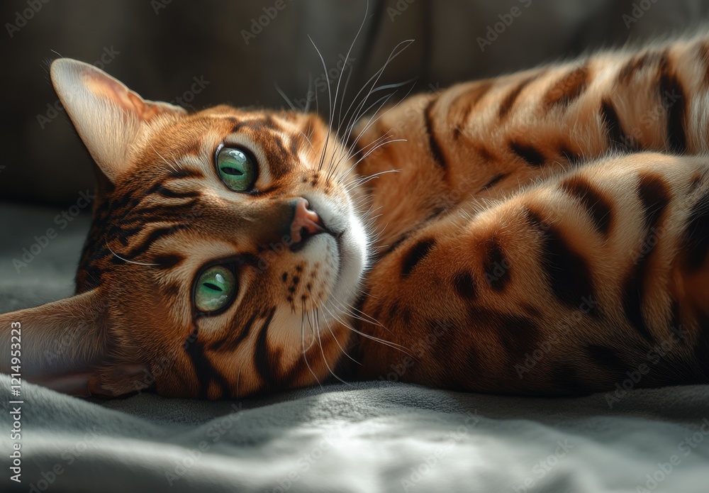 Poster close-up of a relaxed bengal cat with striking green eyes resting on a soft surface, showcasing uniq