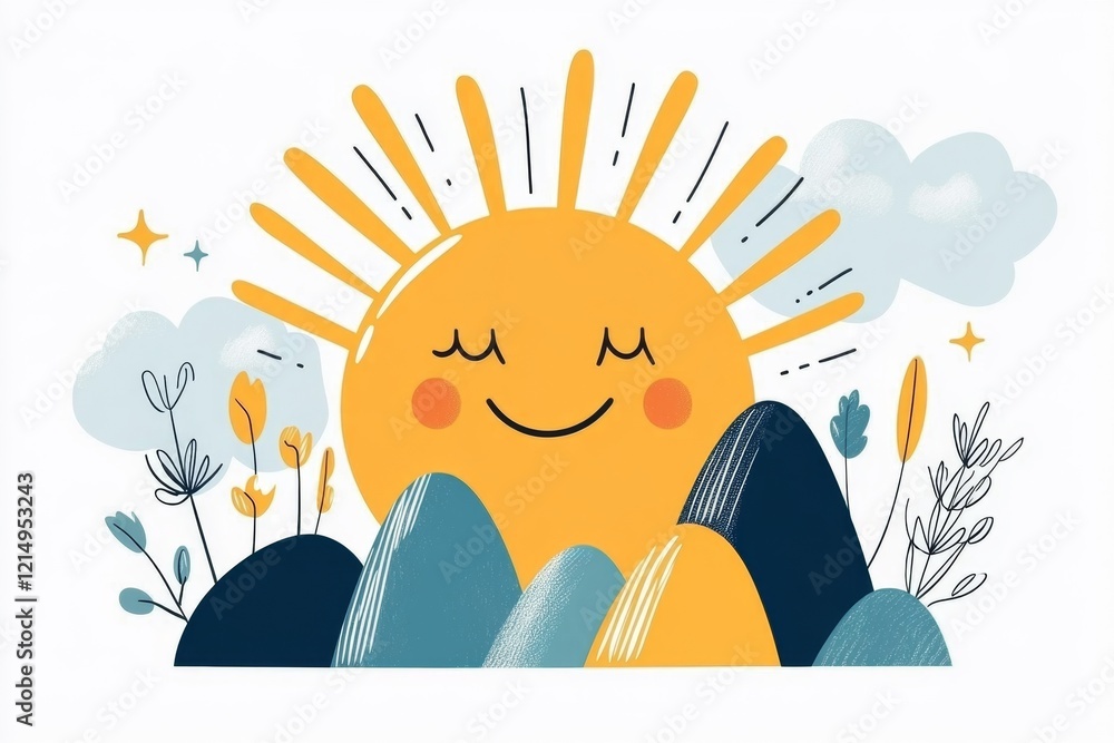 Poster a minimalist illustration of a smiling sun with rays extending in bold yellow lines on a plain white