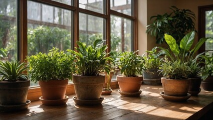 Fototapeta premium House plants and flowers in clay pots on a windowsill, a serene and natural indoor garden scene