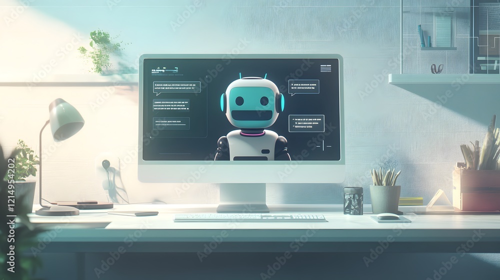Poster friendly robot assistant on modern computer screen