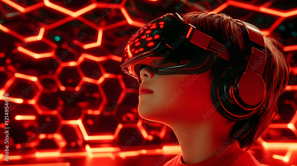 Poster a child immersed in virtual reality, surrounded by a vibrant red-lit environment