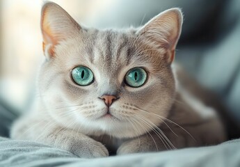 Close-Up Portrait of a Beautiful Light Gray Cat with Striking Green Eyes Relaxing Comfortably on a Soft Surface in Natural Light