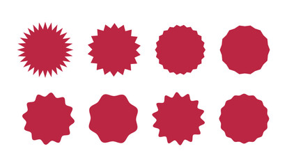 Circle red stickers. Wavy edge promo round badges. Star burst shape tags for prices. Blank sale layout. Silhouette icons. Flat graphic vintage labels mockups isolated on a white background.