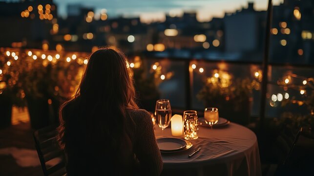Candlelit dinner setting on a rooftop with beautiful city skyline at twilight