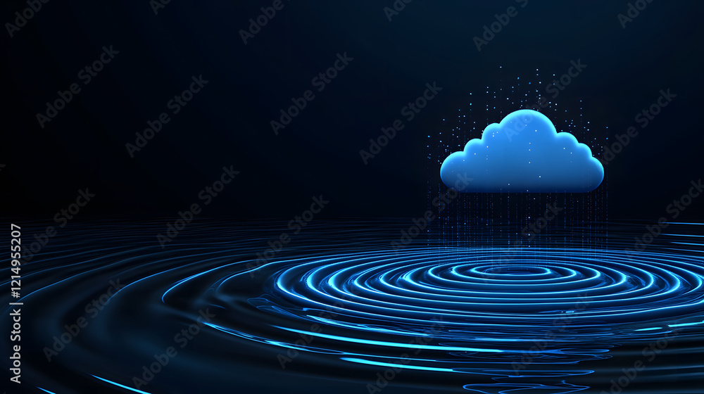 Poster digital cloud with rain droplets creating ripples on a dark blue surface