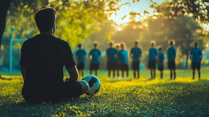 Coach guides soccer team during practice at sunset in a local park with vibrant green grass