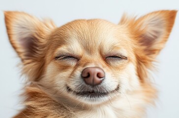 Obraz premium Close-Up Portrait of a Happy Chihuahua with Soft Fur and Relaxed Expression Against a Light Background, Perfect for Pet Lovers and Dog Enthusiasts