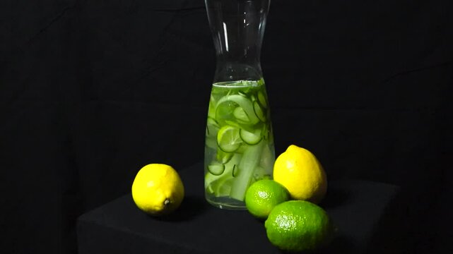 Gorgeous spinning footage around a glass glossy and reflective carafe filled with water flavored with lime, lemon and cucumber fruit. Carafe container with liquid is on a dark black studio background.
