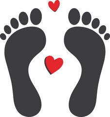 Black Footprints with Red Hearts, Minimalist Love Concept for Podiatry and Wellness Logo