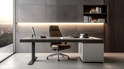 Modern office interior with sleek furniture, panoramic city view, and organized workspace ambiance