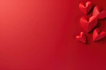 Five red hearts on empty red background