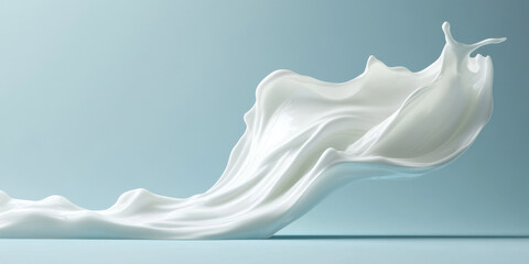 A wave of smooth white cream flows effortlessly against a calming blue backdrop, evoking a sense of tranquility and elegance. The dynamic movement captures the light beautifully.