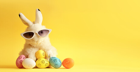 Easter bunny with colorful easter eggs on a yellow background