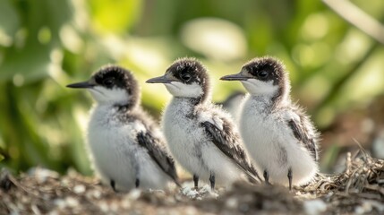Fototapeta premium Three Adorable Black-Capped Tern Chicks Nestled Together