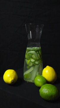 Vertical video of yellow and green lemons and lime fruit in front of a glass reflective carafe that has nutritious vitamin water in it with fruits. Carafe is on display on a dark black background.