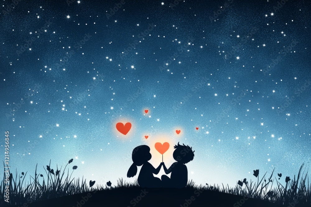 Poster a pixel art animation of a couple sitting together on a hill under a starry sky, with tiny pixelated