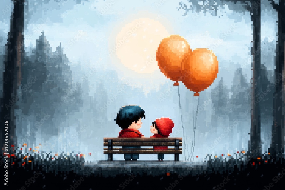 Aufkleber a pixel art depiction of a sunny park with tiny smiling characters, balloons, and pixelated flowers 