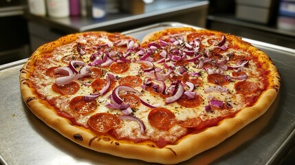 Heart-shaped pizza with pepperoni and onion toppings served in a cozy restaurant kitchen setting