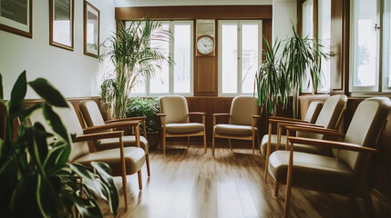 Empty retirement home common area with unoccupied chairs and quiet surroundings, reflecting solitude and the passage of time in aging communities.