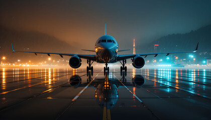 Front View of Commercial Airplane Ready for Takeoff at Night