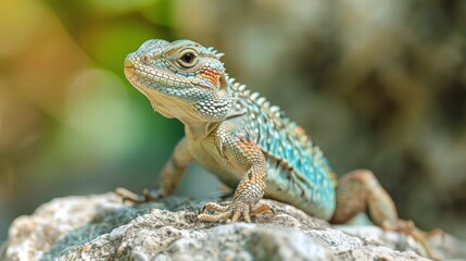Fototapeta premium A colorful lizard with turquoise and orange scales is perched on a rock, its textured skin and intricate patterns clearly visible. The background is softly blurred 