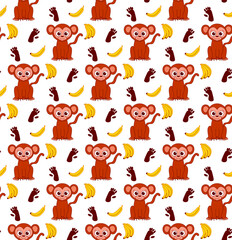 Seamless pattern with cute monkeys  with footsteps and bananas. Cartoon vector graphic line background.