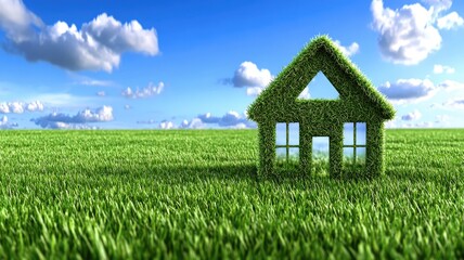 A green house made of grass sits in a lush field under a clear blue sky, symbolizing eco-friendliness and harmony with nature.