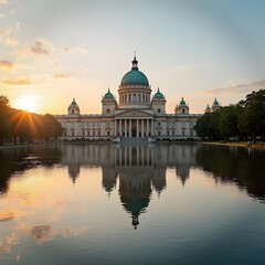 Fototapeta premium Tranquil Lake Sunset Golden Hour Cityscape Reflections