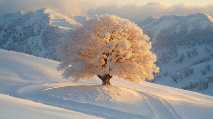 Frosty tree sunrise mountain winter landscape