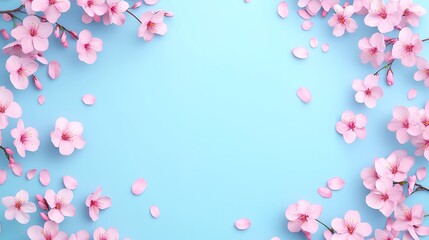 Obraz premium Pink cherry blossom flowers arranged on a soft blue background creating a beautiful floral frame