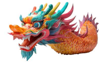 Dragon dance puppet head with bright colors and detailed scales for Chinese New Year celebrations isolated