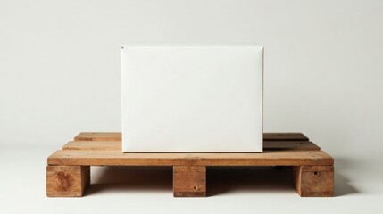 A pristine white cubic container rests upon a rustic wooden pallet, showcasing a simple yet elegant display of contrasting textures and aesthetics