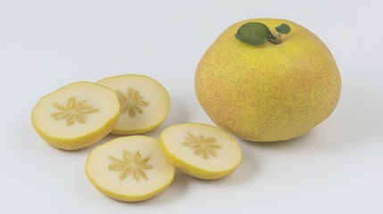 A whole quince fruit positioned beside several neatly sliced pieces, highlighting the fruit&acirc;&euro;&trade;s smooth texture and vibrant yellow color against a white background