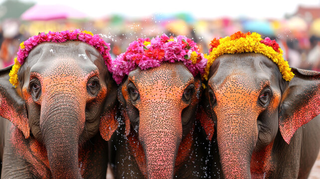 Three decorated elephants wearing colorful floral crowns stand close together, showcasing their adorned faces in a festive atmosphere.