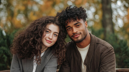 Fototapeta premium Interracial couple in a park surrounded by autumn foliage